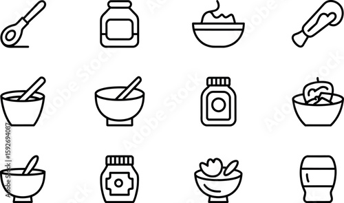 Vector line icons: bowls, spoons, jars, and sauces.