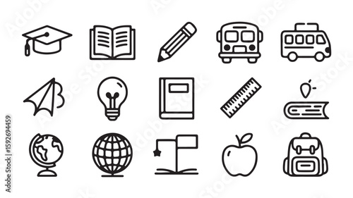 "Education and Learning Icons – School, Book, Apple, and Classroom Symbols"