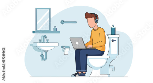 Man working on laptop while sitting on toilet in bathroom. Illustration for blog post or website.