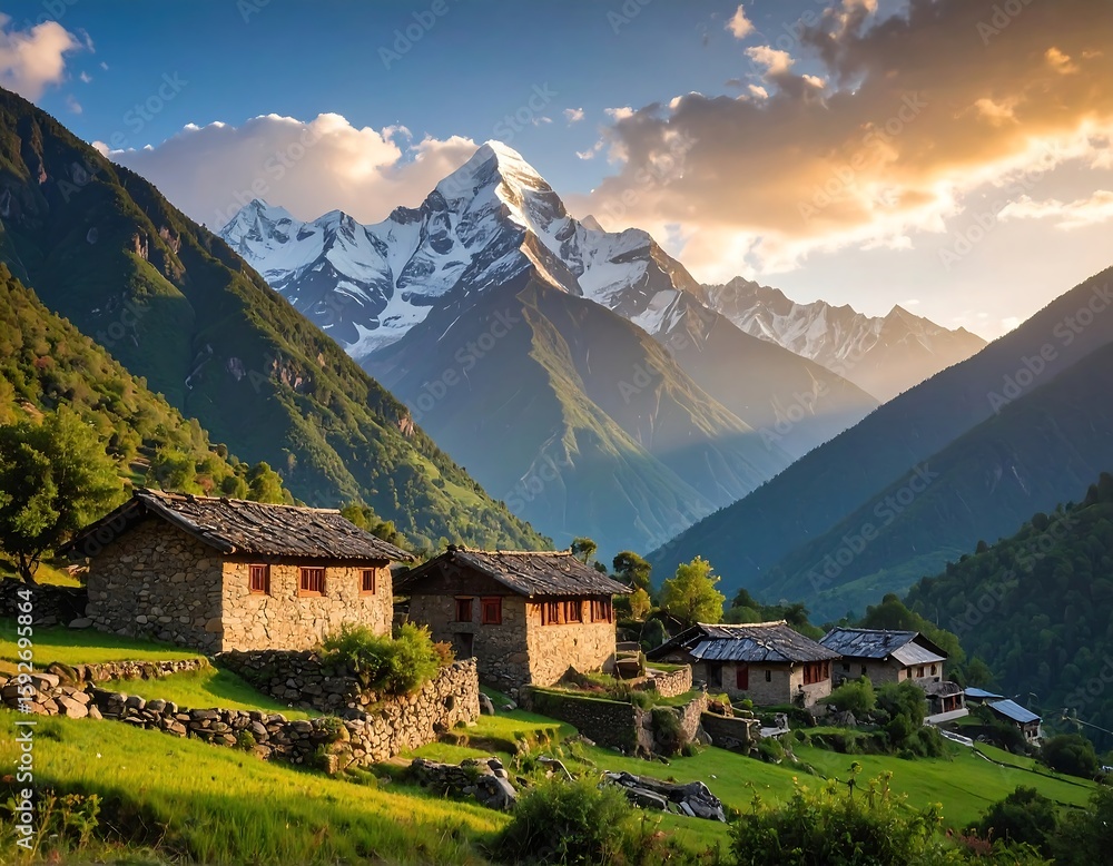Obraz premium Mountain village at sunset