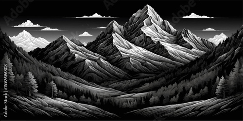 Black and white illustration of mountains with a textured, twisted rope