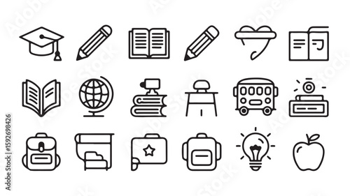  "School and Learning Icons – Graduation, Book, Pencil, and Classroom Symbols"