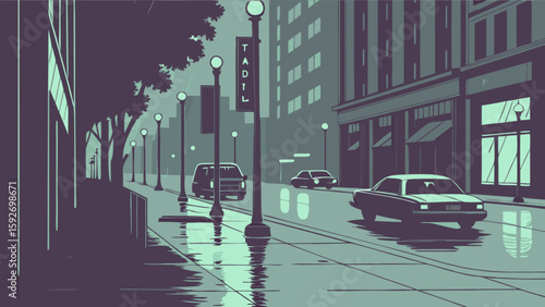 City street scene with cars and reflections on a rainy day urban landscape illustration design art