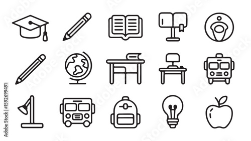  "School and Learning Icons – Graduation, Book, Pencil, and Classroom Symbols"