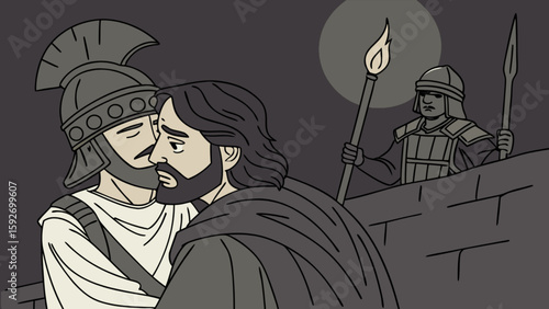 Judas betraying jesus with a kiss bible scene illustration for sunday school and religious education materials