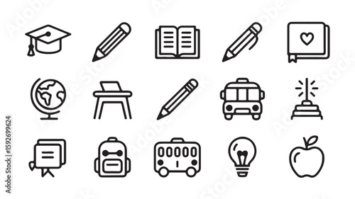  "School and Learning Icons – Graduation, Book, Pencil, and Classroom Symbols"