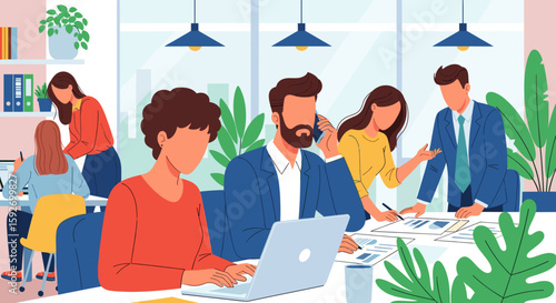 Diverse team of business professionals collaborating in a modern office, perfect for website banners or presentations.