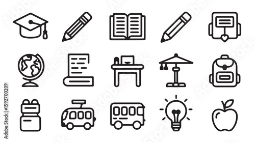  "School and Learning Icons – Graduation, Book, Pencil, and Classroom Symbols"