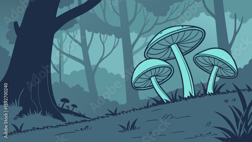 Mushroom forest vector art illustration in blue tones for nature themed designs and backgrounds art vector