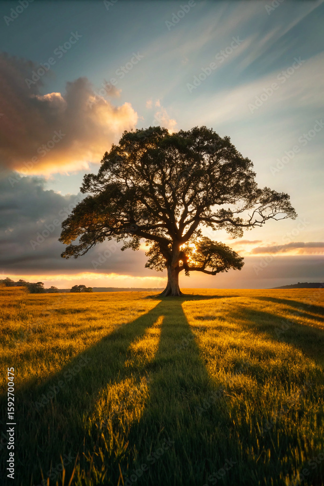 Fototapeta premium Lone Oak Tree with Long Shadow at Sunset – Serene Golden Field Landscape