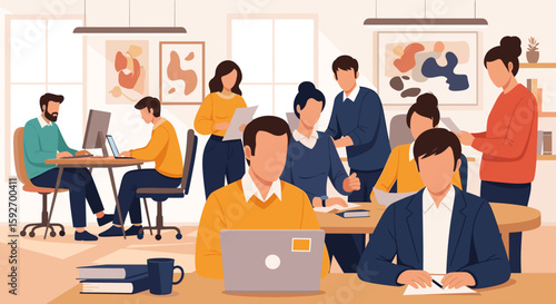 Diverse team collaborating in a modern office, perfect for website landing pages or brochures showcasing teamwork and innovation.