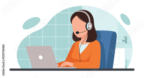 Customer service representative working on laptop, perfect for website banners or help center pages.