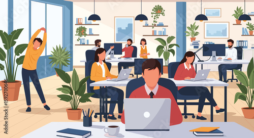 Modern office workers collaborating and taking breaks in a bright, plant-filled workspace. Ideal for website banners, brochures, and presentations.