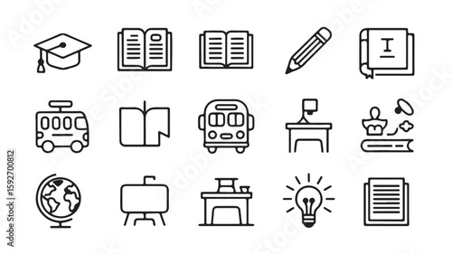  "Education and School Icons – Graduation, Book, Teacher, and Learning Tools Symbols"