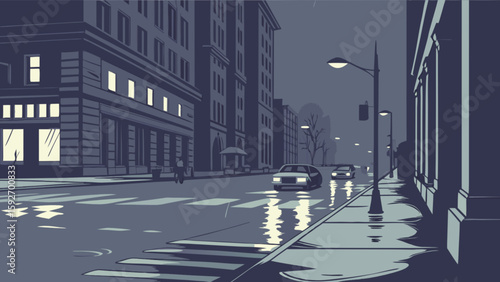 City street at night in the rain vector illustration urban scene with cars and buildings vector art