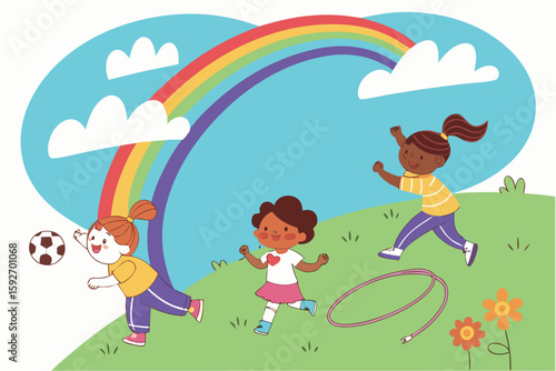 Happy children playing under a bright rainbow and fluffy clouds