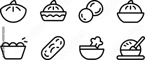 Vector Food Icons: Asian Cuisine, Dumplings, Bowls, Line Art Style