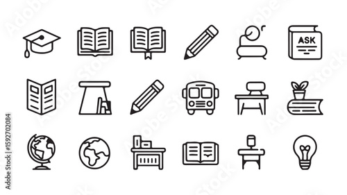 "Education and School Icons – Graduation, Book, Teacher, and Learning Tools Symbols"