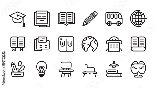  "Education and School Icons – Graduation, Book, Teacher, and Learning Tools Symbols"