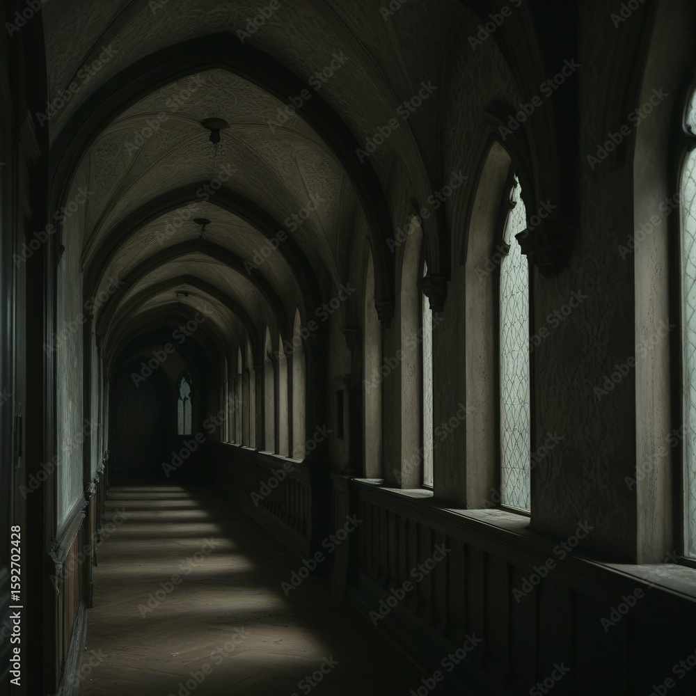 Fototapeta premium Gothic stone corridor with pointed arches, vaulted ceiling & light