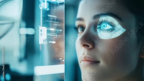 A young  woman with brown hair interacts with a futuristic digital interface. Her eye displays a blue holographic projection.