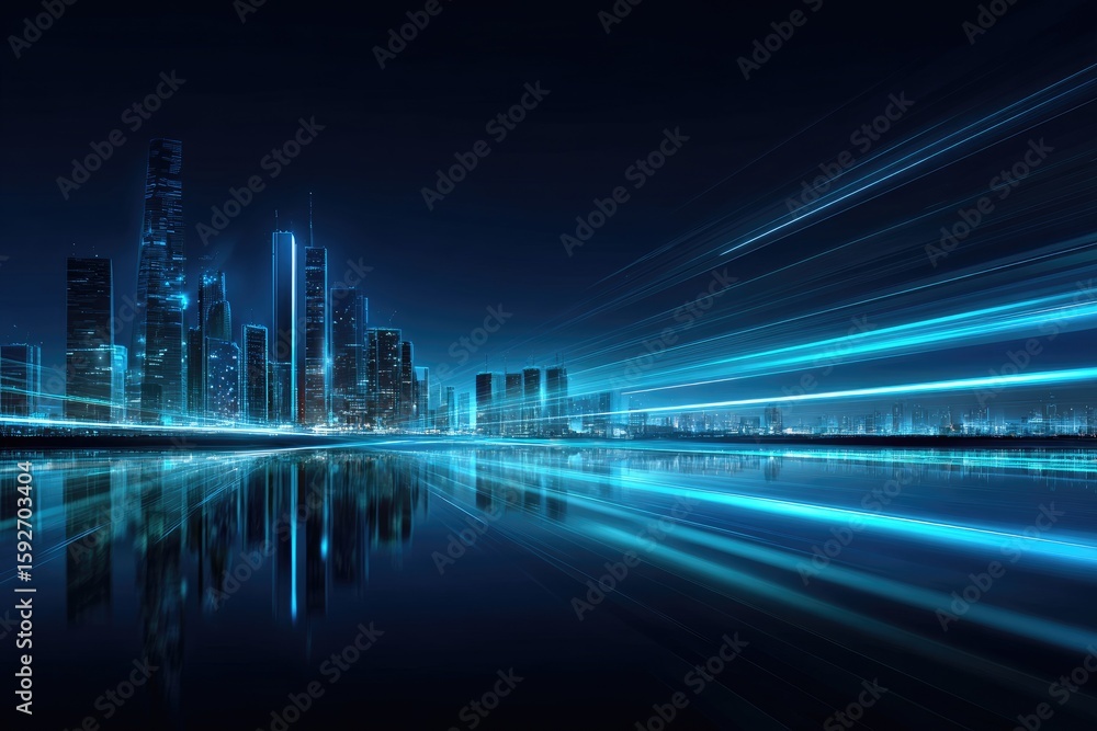 Fototapeta premium Futuristic city skyline at night with light trails (1)