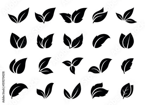 Black branches leaves icons set eco elements
