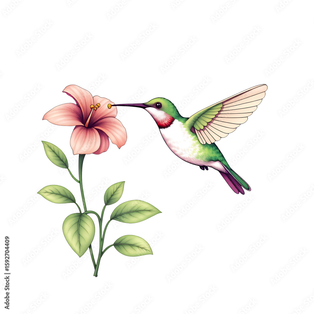 Obraz premium Illustration of a hummingbird drinking nectar from a pink flower on transparent background