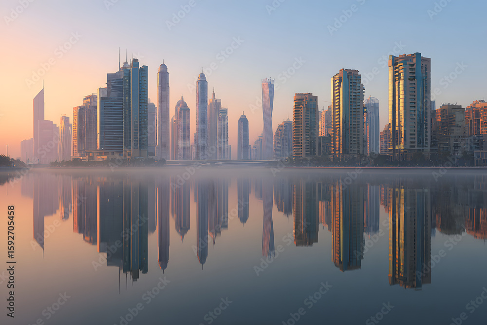 Fototapeta premium Modern Reflective Skyscrapers in Corporate Business District at Sunset Futuristic Glass Architecture with Urban Skyline Reflections