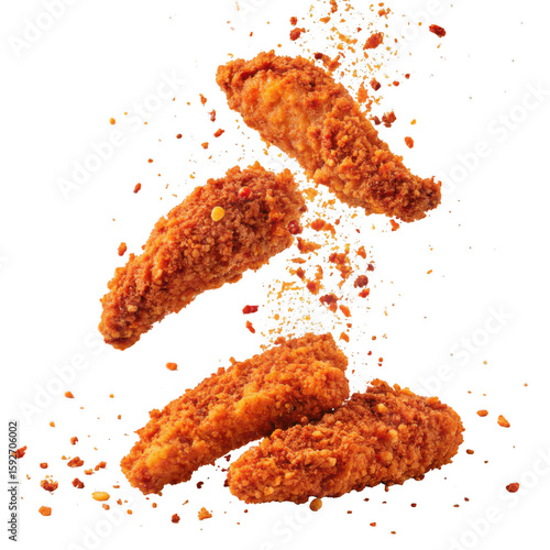 Crispy breaded chicken tenders with spices and crumbs flying in the air isolated on transparent background