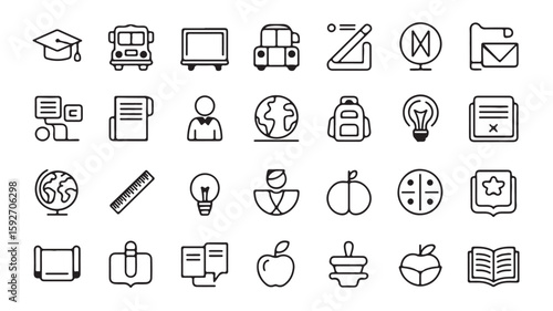"Education and Classroom Symbols – School, Teacher, Student, and Learning Tools Icons"