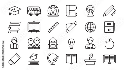 "Education and Classroom Symbols – School, Teacher, Student, and Learning Tools Icons"
