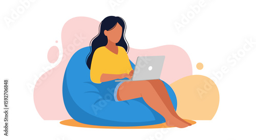 Woman working on laptop from beanbag chair, perfect for website banners or blog posts about remote work.