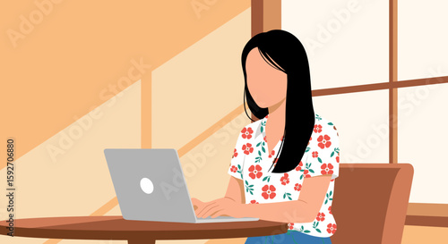 Woman working on laptop at cafe, perfect for website banners or blog posts about remote work.
