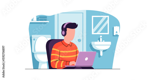 Illustration of a person working on a laptop in a restroom, perfect for articles about remote work or work-life balance.