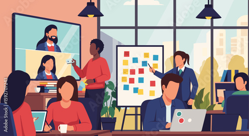 Diverse team collaborating in modern office, perfect for website banners or presentations on teamwork and innovation.