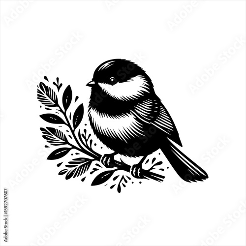 Chickadee on branch isolated on white background