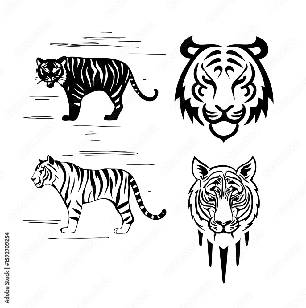 Naklejka premium Tiger Silhouettes and Face Art – Wild Animal Vector Illustrations