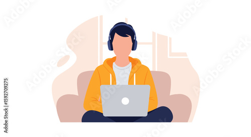 Person working from home, using laptop and headphones.  Perfect for blogs, websites and social media posts about remote work.