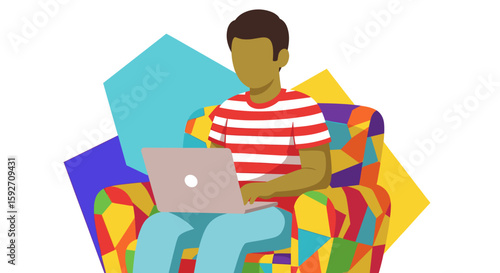 Person working on laptop in colorful armchair, perfect for website banners or blog posts about remote work.