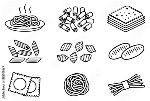 Various pasta shapes and lasagna sheets spaghetti penne