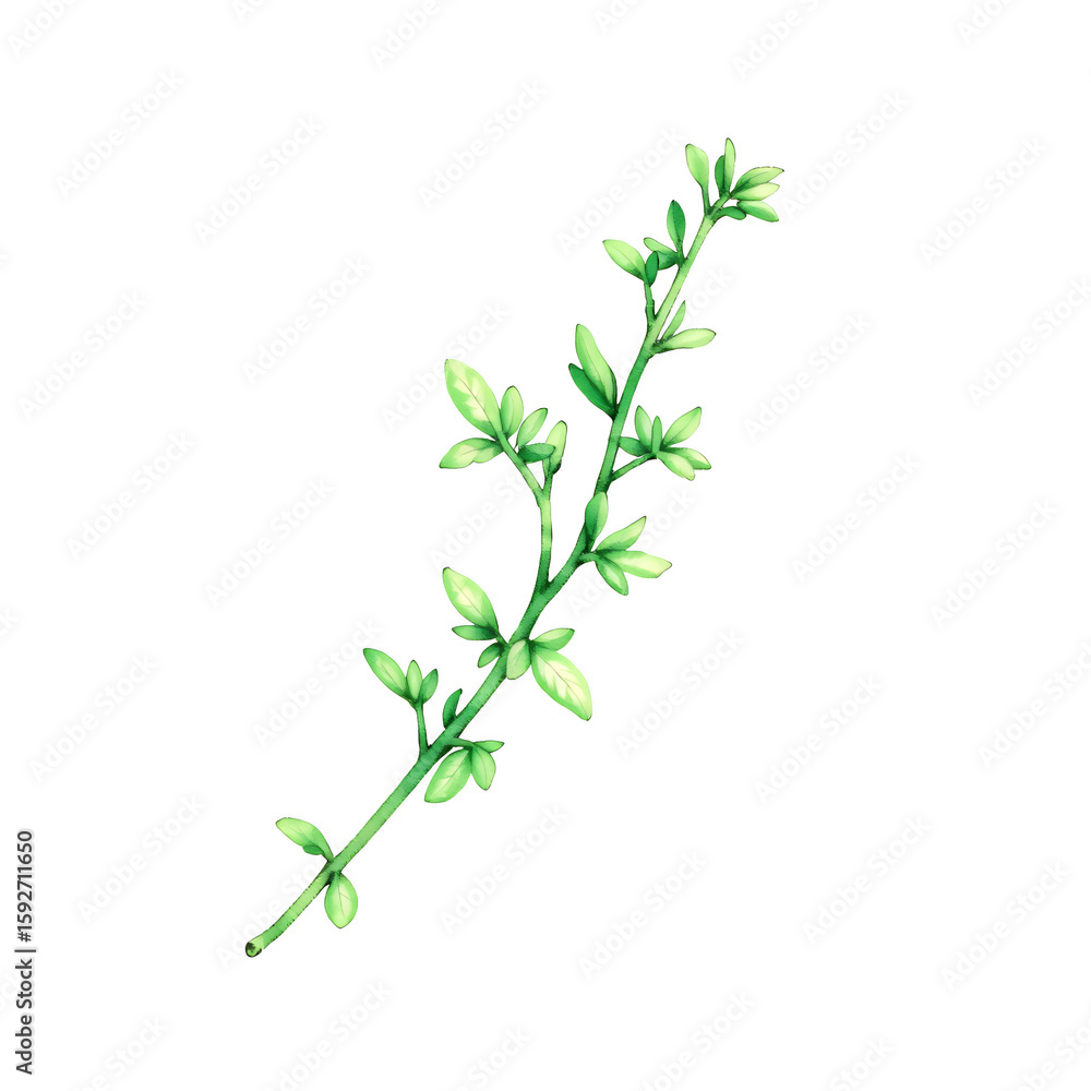 Fototapeta premium Illustration of a light green branch with small leaves on transparent background