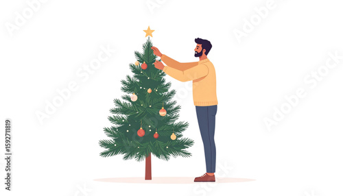 A man decorates a Christmas tree, placing a star on top.