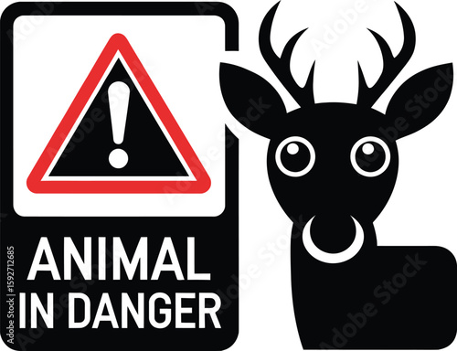 Animal in Danger Sign Icon – Wildlife Alert Vector with Deer Warning Symbol.