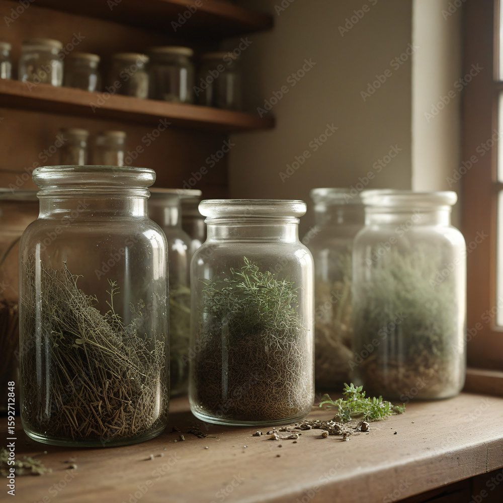 Sunlit glass jars of dried herbs on wooden windowsill with brass latch Sunlit glass jars of dried herbs on wooden windowsill with brass latch