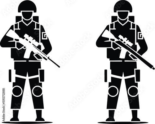 Armed Snipers Vector Silhouette –  Black and White Military Soldiers with Guns Illustration.
