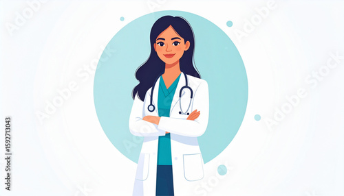 A female doctor with a stethoscope stands with arms crossed against a light blue circular background.