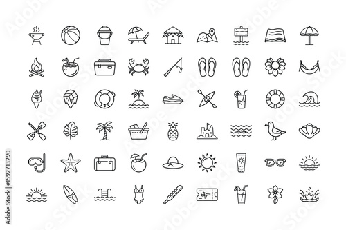 Summer Vacation Icon Set Beach Travel and Relaxation Line Art