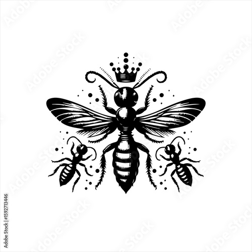 A crowned bee with two ants