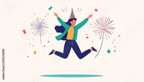 Celebrating with Fireworks Joyful Woman Jumps for Joy at Party with Confetti and Fireworks Bursting